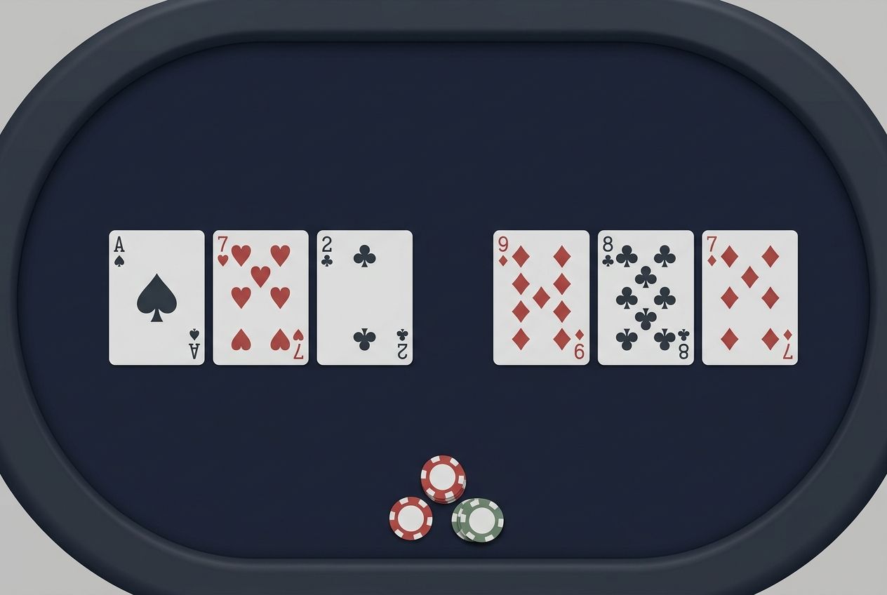 A clean six-max poker table in a simplified educational illustration style. Two flop boards are shown side by side above the table: one dry A-high rainbow board and one wet connected two-tone board. There is no text inside the image. The layout is simple, with calm navy felt, limited color palette, clear cards and chips, generous empty space, and no branding or watermarks.