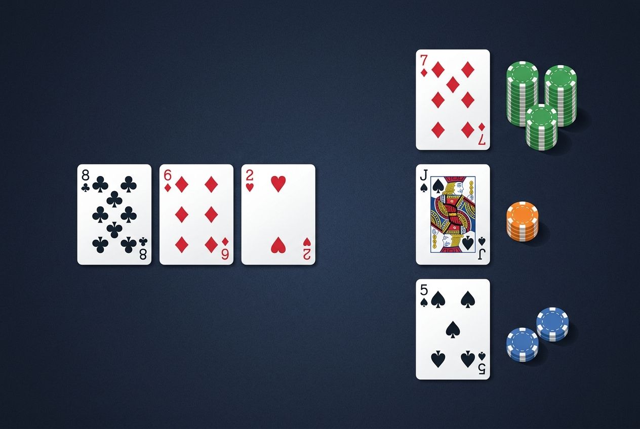 A simplified instructional poker illustration with one flop board and three possible turn cards displayed nearby. One turn card visually suggests a favorable second barrel, one looks neutral, and one suggests a stop. The image contains no text labels. It uses clean shapes, restrained contrast, top-down composition, realistic cards and chips, and lots of negative space so it feels like a calm training diagram rather than a busy poster.
