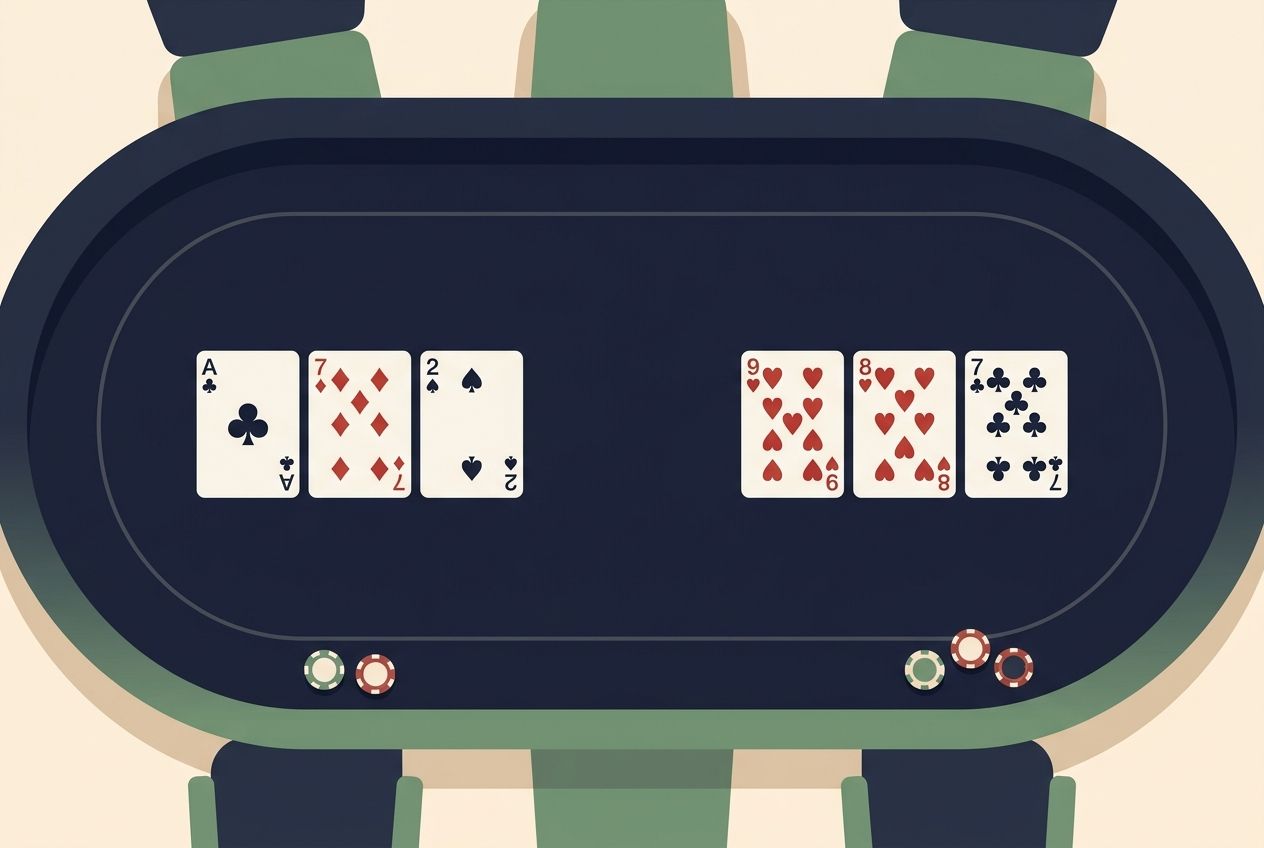 6인 홀덤 테이블 위에 두 개의 플랍 보드가 나란히 놓여 있다. 왼쪽은 A-high 레인보우 드라이 보드이고 오른쪽은 연결되고 투톤인 웻 보드다. 화면은 단순한 교육용 인포그래픽 스타일이며 텍스트는 없고, 카드와 칩만 깔끔하게 배치되어 있다. 색은 차분한 네이비와 따뜻한 그린 중심이며 도형은 단순하고 선명하다.