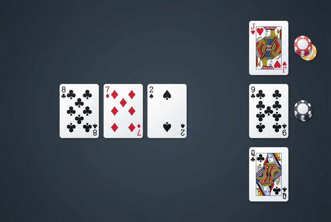 단순한 교육용 포커 일러스트. 하나의 플랍 보드에서 세 장의 다른 턴 카드 후보가 옆에 나뉘어 배치되어 있다. 한 카드는 레이저에게 유리한 좋은 턴, 한 카드는 중립 턴, 한 카드는 배럴을 멈추게 만드는 불리한 턴을 상징한다. 텍스트는 없고, 화살표와 칩 배치로만 흐름을 보여준다. 스타일은 깔끔하고 단순한 학습용 도해이며 과도한 디테일은 없다.