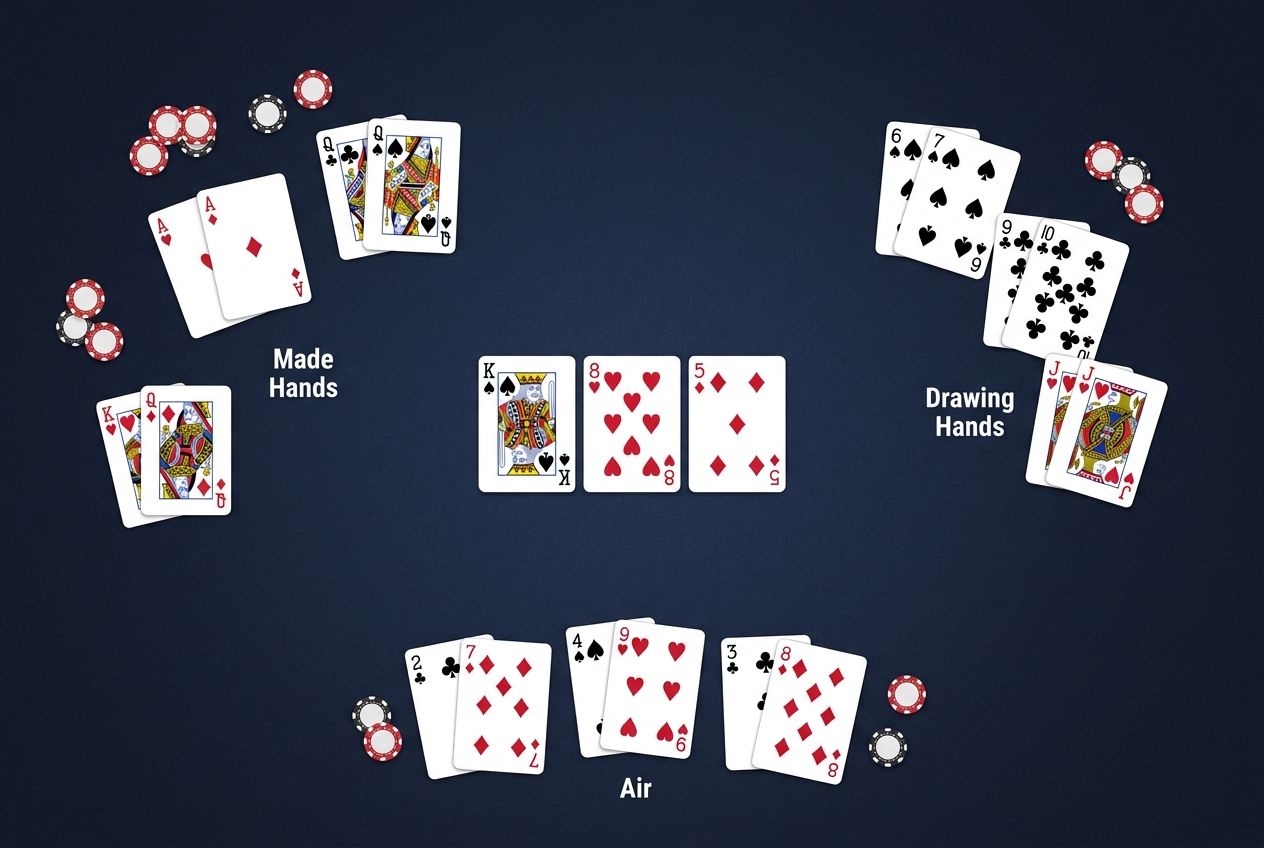 Simple educational poker diagram of made hand, draw, and air buckets