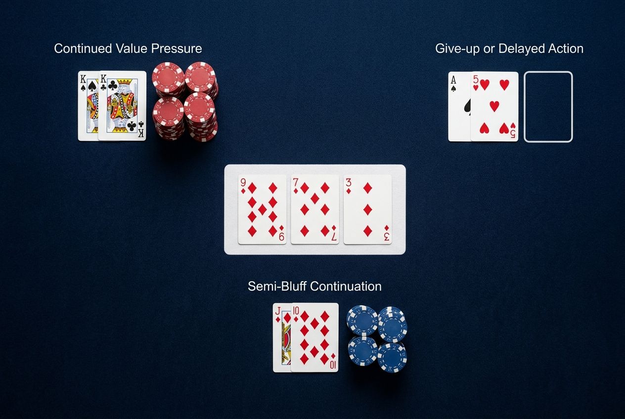 Simple educational poker diagram of flop hand classes leading to different turn plans