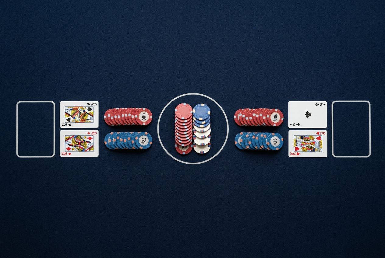 A balanced educational poker diagram of a classic coinflip style confrontation with a pair facing two overcards.