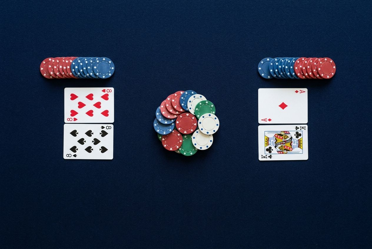 중간 페어와 두 장의 오버카드가 중앙 팟을 사이에 두고 균형 있게 맞붙는 코인플립 구조를 단순한 포커 교육용 도식으로 표현한 이미지.