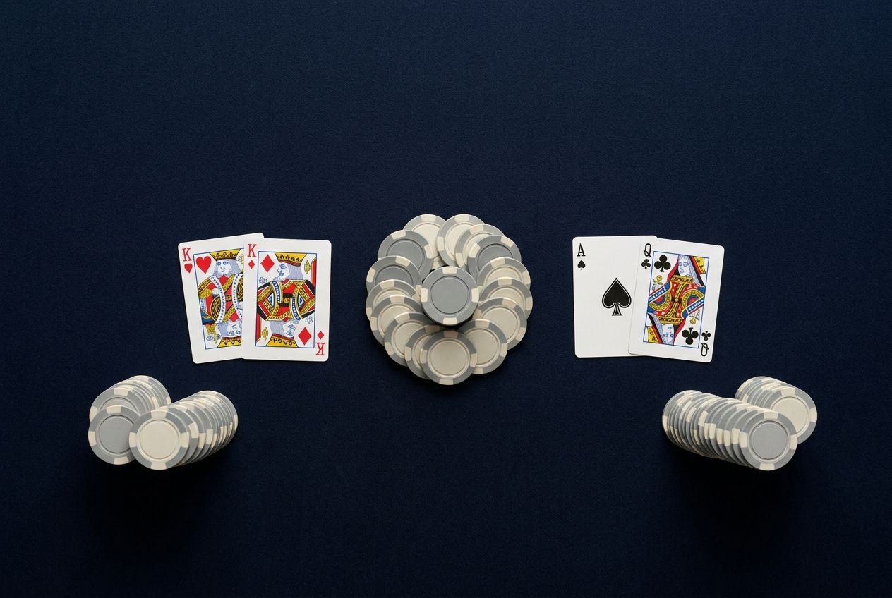 강한 브로드웨이 성격의 핸드가 프리플랍 올인 압박을 마주한 구조를 단순한 학습용 포커 도식으로 표현한 이미지.