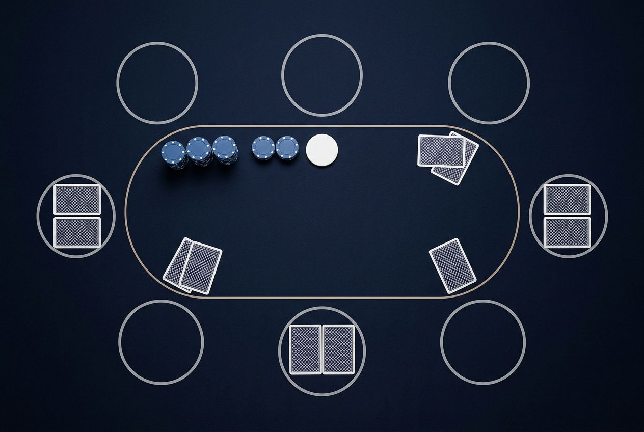 A simplified educational poker illustration showing a six-max table from above, with a clear dealer button placement, two blind positions, and spacious chip stacks on dark navy felt. No text or labels, just a clean study-style layout that makes the blind structure visually obvious.