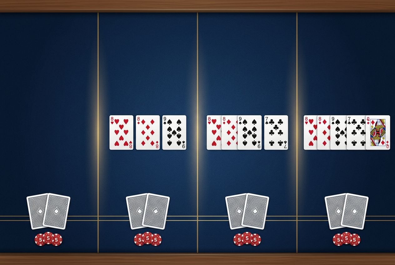 A clean educational illustration of a hold'em hand moving from preflop to flop, turn, and river on a dark blue felt table, using simple chip placement and community card progression without any text or labels.