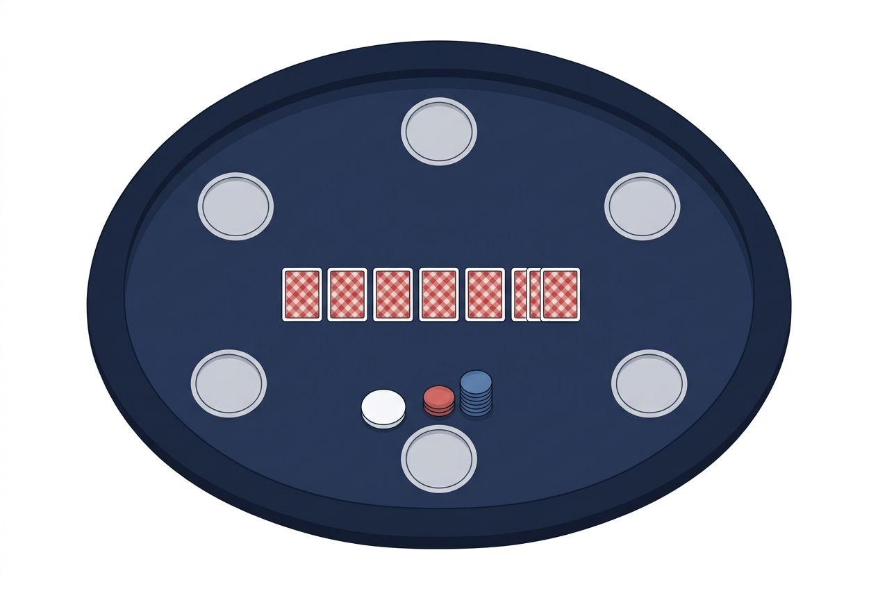 짙은 네이비 펠트의 6인 포커 테이블을 위에서 내려다본 단순 학습용 일러스트. 버튼 위치와 두 블라인드 자리가 배치만으로 자연스럽게 드러나고, 넉넉한 여백과 간결한 칩 더미가 보인다.