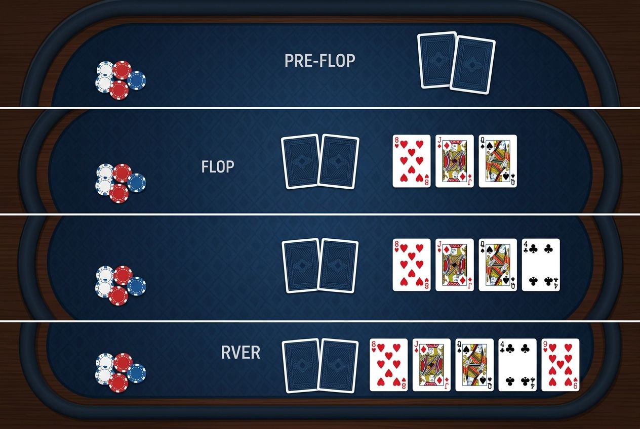 어두운 블루 펠트 위에서 프리플랍, 플랍, 턴, 리버로 이어지는 공용 카드 진행이 단순한 도해처럼 표현된 일러스트. 텍스트 없이 카드와 칩의 변화만으로 스트리트 순서가 보인다.