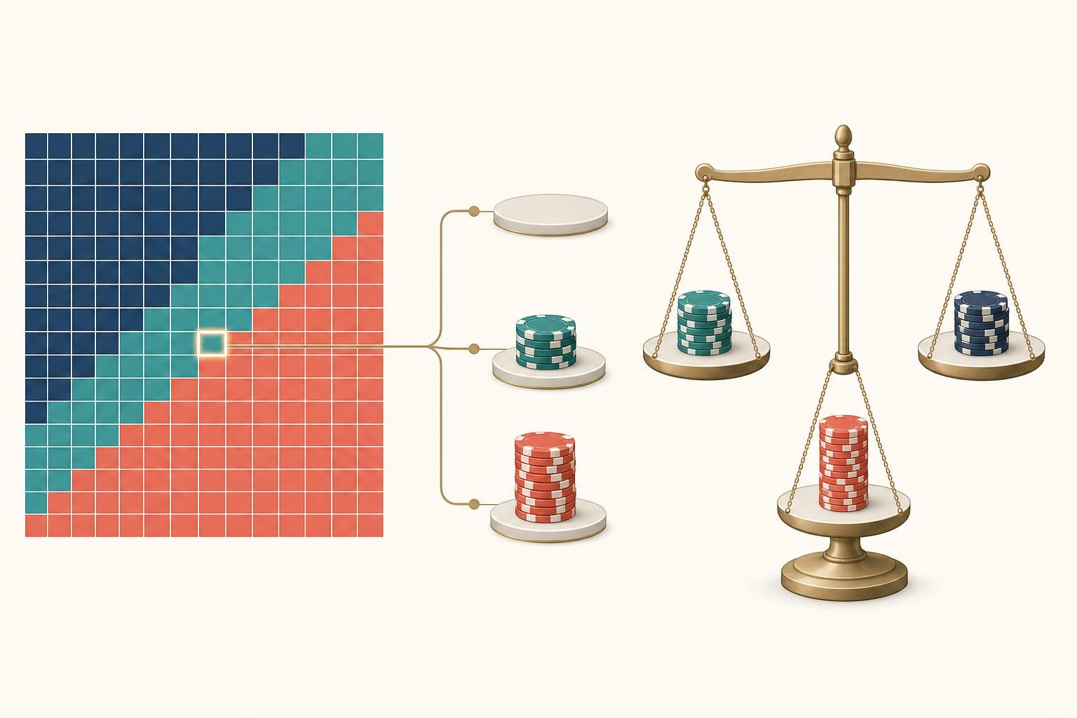 A learning diagram comparing check and two bet branches by frequency and near-equal expected value within a range
