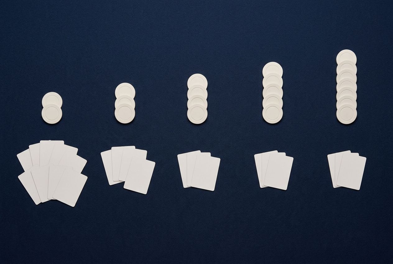 A simple poker diagram showing defense shrinking step by step as the bet size grows across five columns.