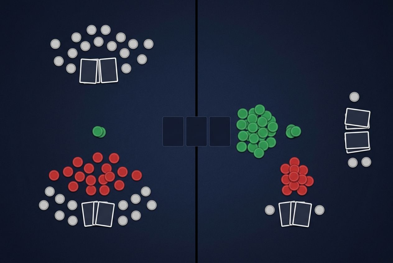 A simple poker study diagram showing that small bets require wider defense while larger bets allow narrower defense.