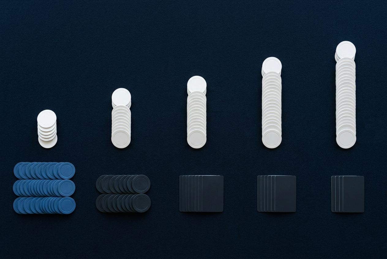 베팅 크기가 커질수록 방어 폭이 단계적으로 줄어드는 흐름을 다섯 열 구조로 보여주는 포커 학습 도식 이미지.