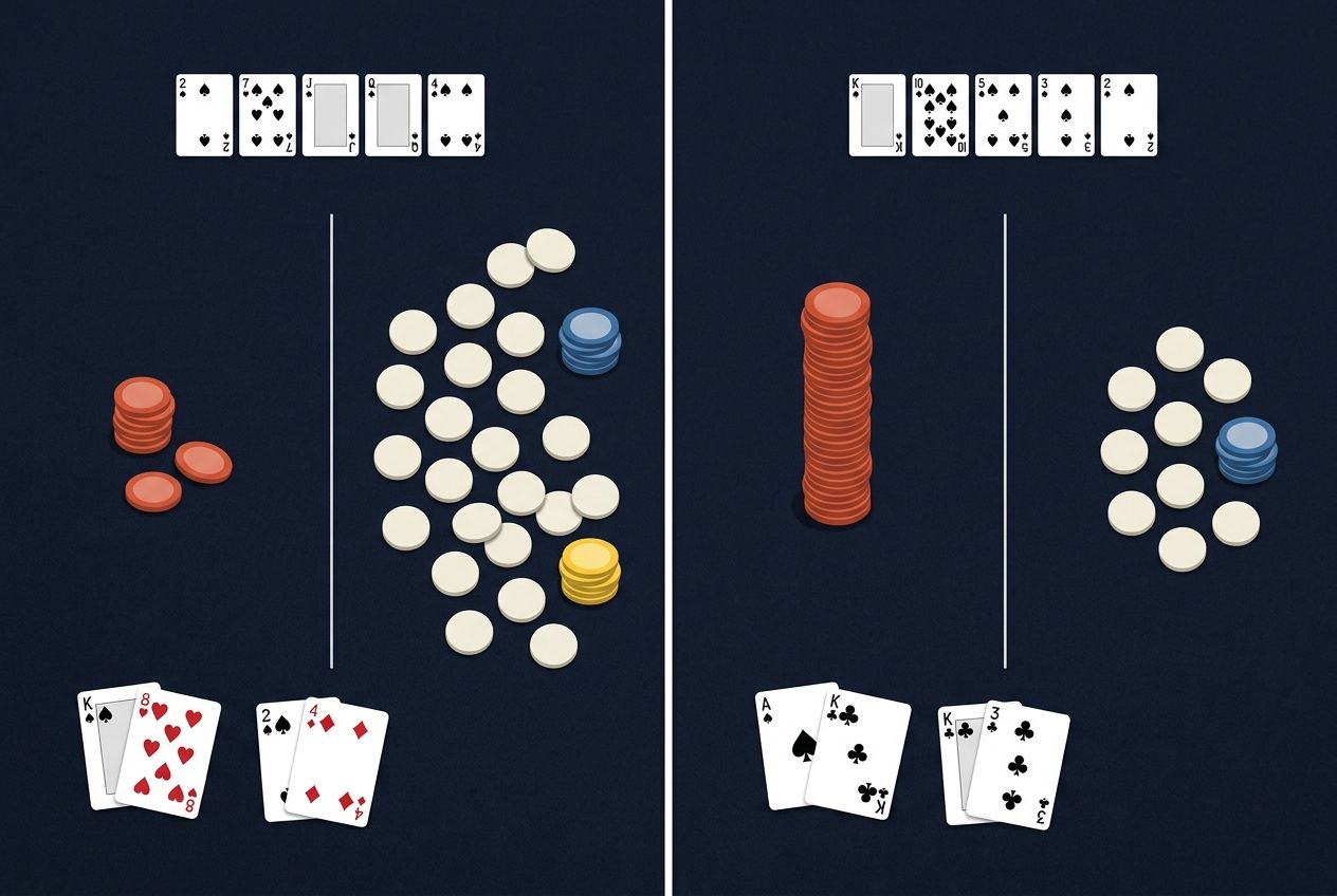 작은 베팅 앞에서는 넓은 방어, 큰 베팅 앞에서는 좁은 방어가 필요한 구조를 도식처럼 보여주는 포커 학습 이미지.