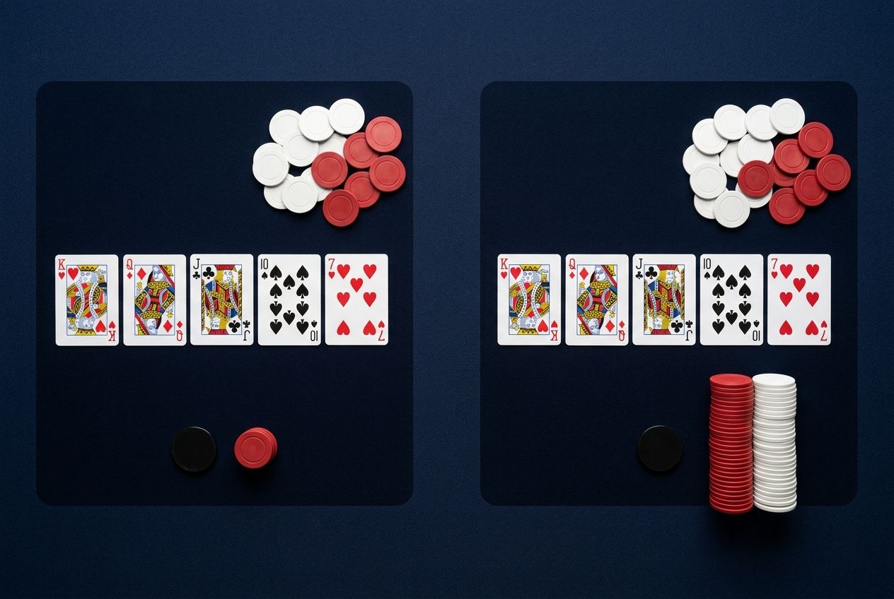 Simple educational poker diagram of small versus big bet defense