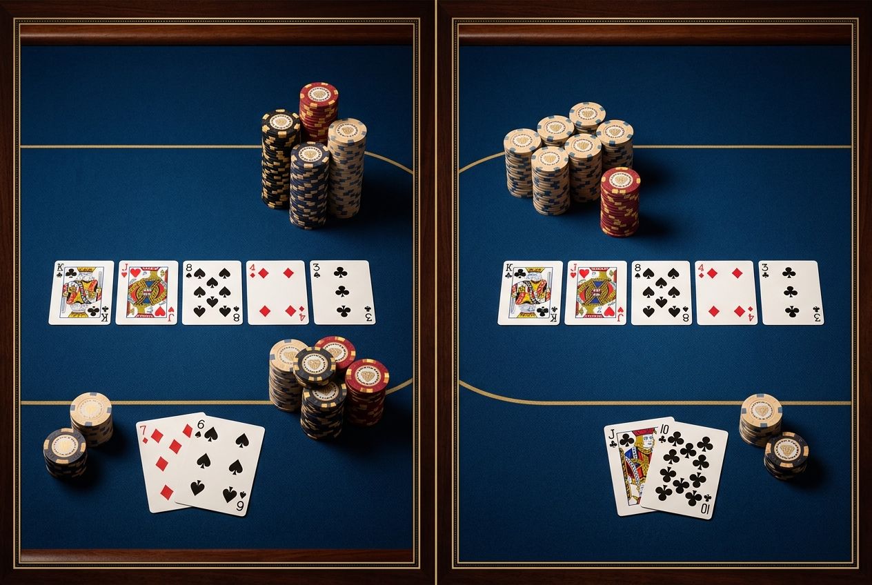 Simple educational poker diagram contrasting two recurring poker loss traps: bluffing too hard into sticky continues and hero-calling a strong value-heavy river action.