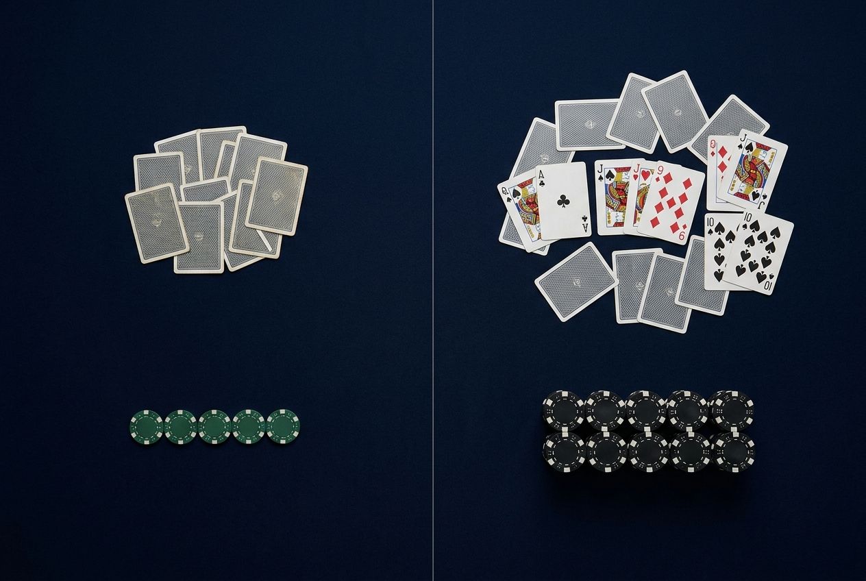 Simple educational poker diagram showing cheap pressure against fold-heavy opponents and larger value betting against loose callers in two panels.