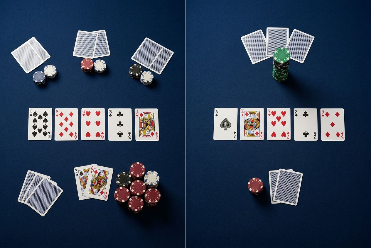 안 접는 상대로는 큰 블러프를 태우고, value-heavy river 앞에서는 호기심 콜을 하는 두 가지 손실 구조를 대비해서 보여주는 단순한 포커 학습 도식 이미지.