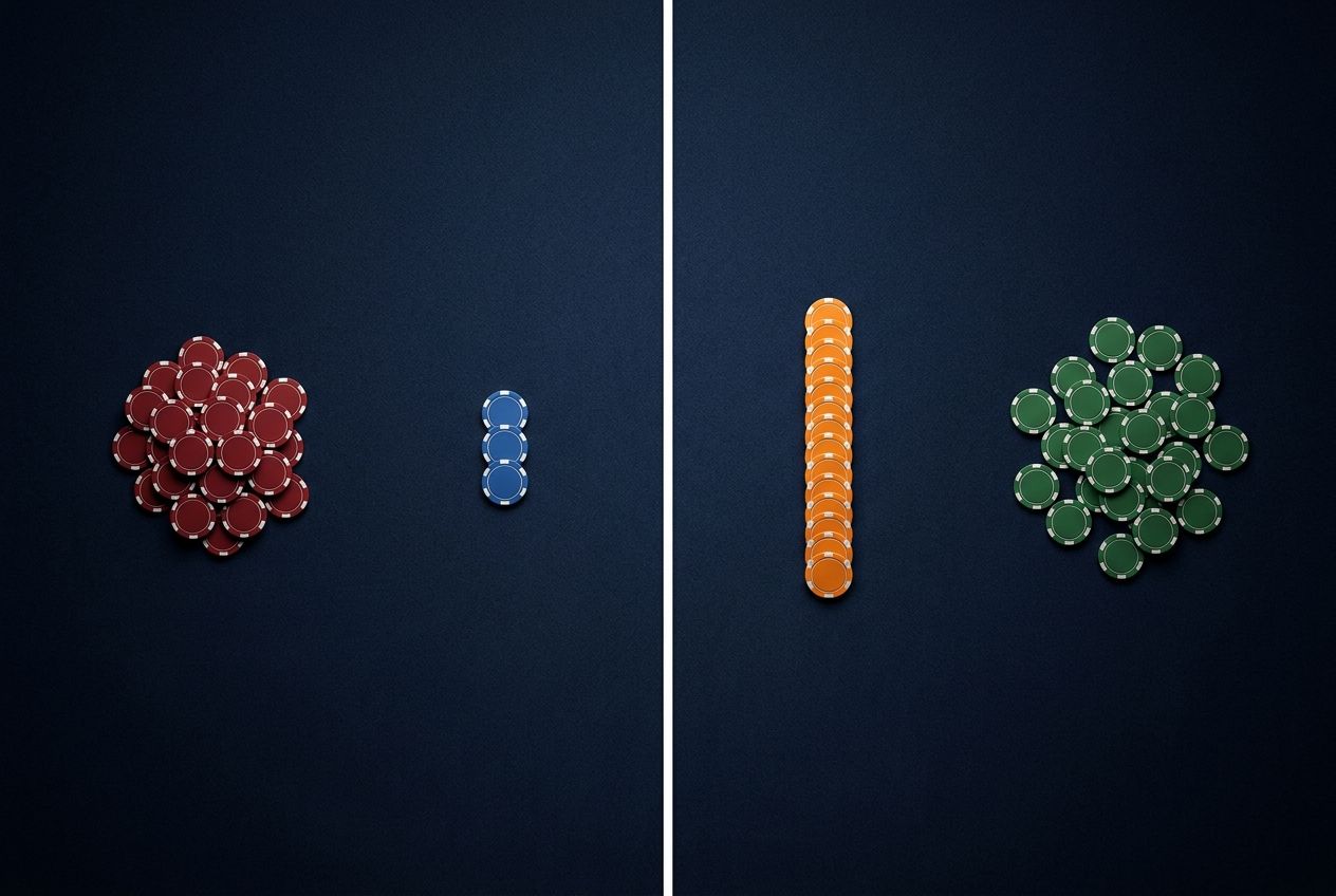 과폴드 상대로는 싸게 압박하고 루즈 콜러 상대로는 크게 value를 회수하는 구조를 두 패널로 보여주는 단순한 포커 학습 도식 이미지.