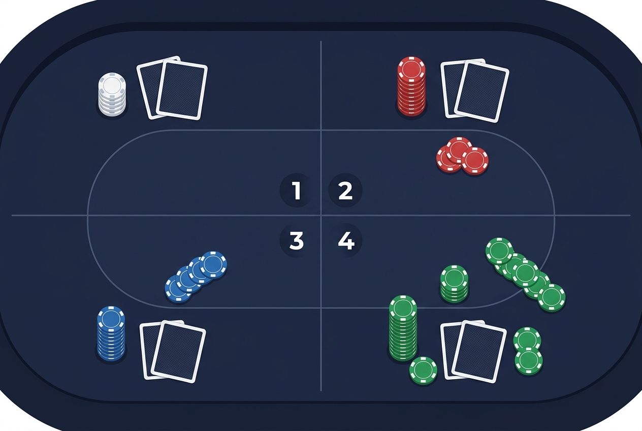 A simplified educational poker illustration for an English article about action choices. Use a top-down six-max table on dark navy felt with four clean card-like action tiles or chip clusters representing check, call, bet, and raise without any written words. Keep the composition symmetric, minimal, and easy to understand at a glance. No text, no labels, no numbers, no arrows, no icons, no logos, and no watermarks. The style should feel like a premium training diagram with lots of negative space.