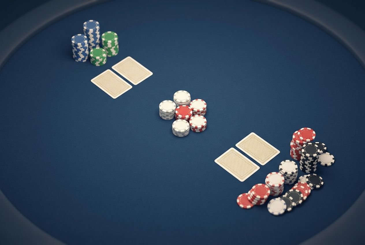 A clean English learning illustration about pressure versus response actions. Use a dark blue felt table from a top-down view with one side showing a calm unopened pot state and the other side showing an active bet-response state, represented only by card placement and chip arrangement. No text, no labels, no arrows, no symbols, no numbers, no logos, and no watermarks. Keep the scene minimal, spacious, and instructional.