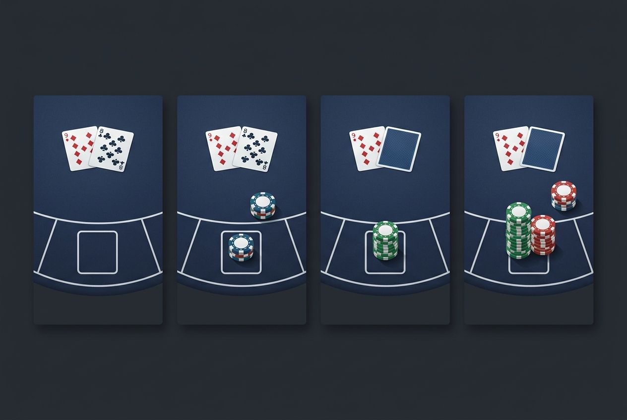 한국어 포커 액션 입문 글용 단순한 교육 일러스트. 어두운 네이비 펠트의 6인 테이블을 위에서 내려다본 구도이며, 체크, 콜, 벳, 레이즈를 암시하는 네 개의 카드형 또는 칩형 요소가 대칭적으로 배치된다. 이미지 안에는 글자, 숫자, 라벨, 화살표, 아이콘, 로고, 워터마크가 전혀 없어야 하며, 여백이 넉넉하고 단순한 프리미엄 학습 도해 스타일이어야 한다.