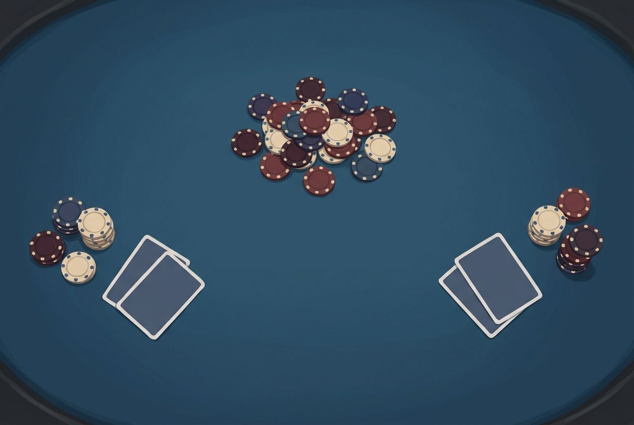 한국어 포커 액션 글용 두 번째 단순 교육 일러스트. 짙은 블루 펠트 위를 위에서 내려다본 구도이며, 한쪽에는 아직 압박이 시작되지 않은 고요한 상태를 카드와 적은 칩 배치로 보여주고, 다른 쪽에는 이미 벳이 나온 대응 상태를 더 많은 칩 배치로 보여준다. 이미지 안에는 문구, 숫자, 화살표, 아이콘, 기호, 로고, 워터마크가 전혀 없어야 하며, 단순하고 여백이 넉넉한 학습 도해여야 한다.