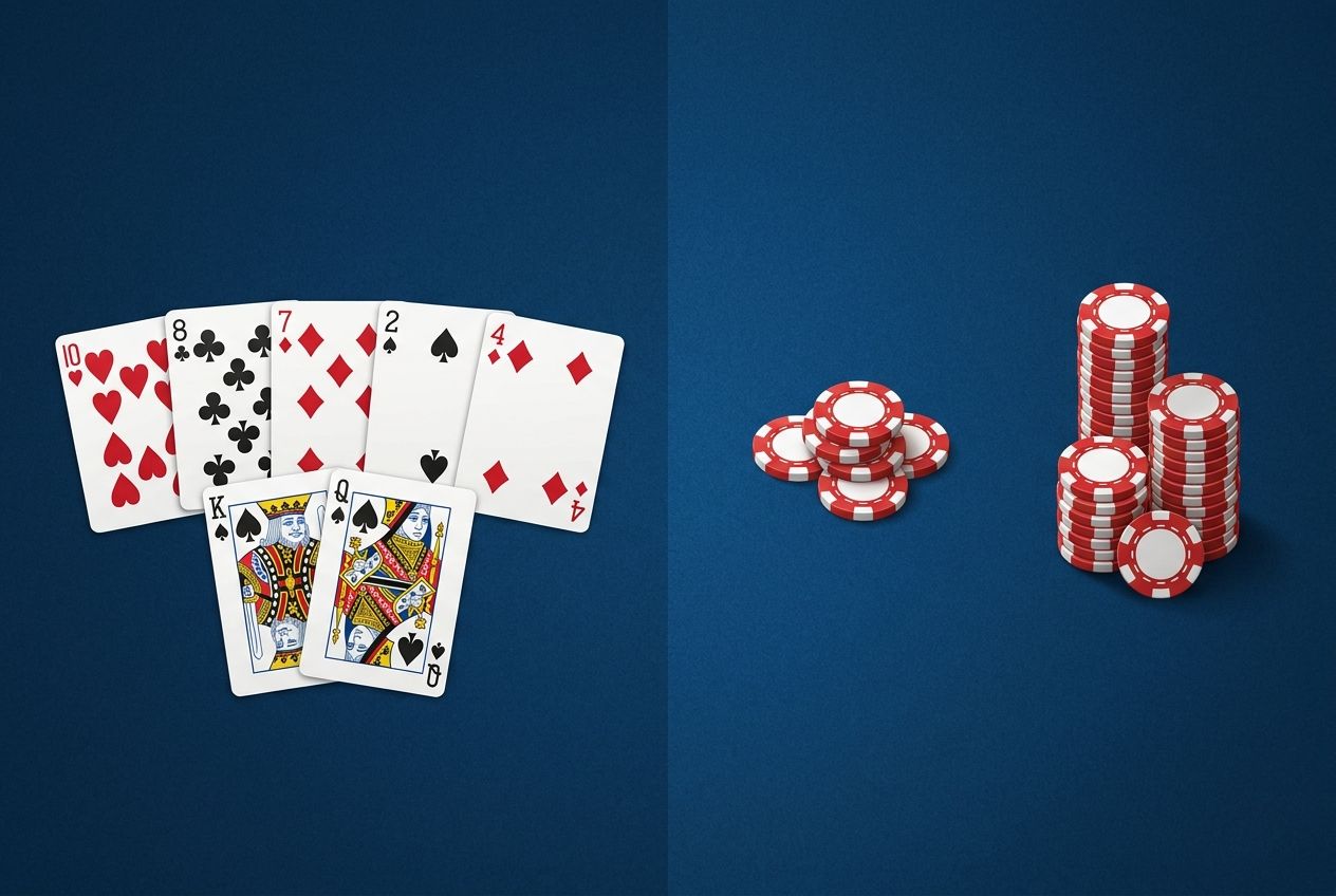 A clean English learning illustration about poker math decision flow. Use a top-down navy felt surface with one flop draw spot on the left and a simple comparison layout on the right using two chip groups of different sizes to imply required price versus drawing strength. Cards and chips should be realistic but visually simplified, with lots of negative space. No text, no formulas, no labels, no arrows, no percentages, no watermarks, and no decorative symbols.