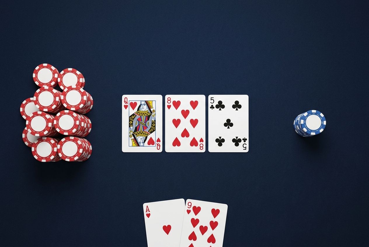 한국어 포커 학습 글을 위한 단순한 교육용 일러스트. 어두운 네이비 펠트 위를 위에서 내려다본 구도이며, 중앙에는 플러시 드로우 성격이 보이는 플랍과 히어로의 홀카드가 깔려 있다. 한쪽에는 콜 금액을 상징하는 작은 칩 더미, 다른 쪽에는 현재 팟을 상징하는 더 큰 칩 더미가 단정하게 놓여 있다. 이미지 안에는 글자, 숫자, 공식, 화살표, 로고, 워터마크가 전혀 없고, 카드와 칩만 깔끔하고 단순한 학습용 스타일로 배치되어 있다.