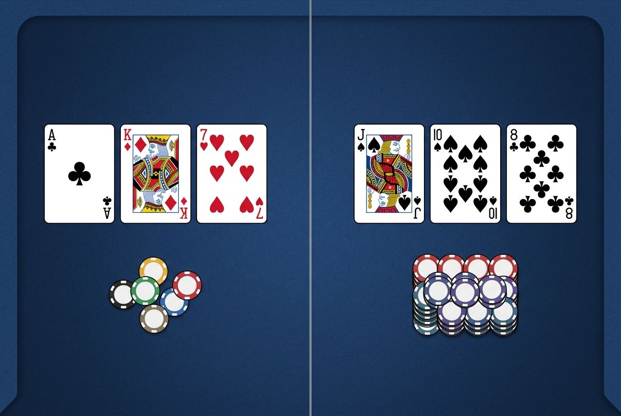 Simple educational poker diagram comparing dry board range advantage and wet board nut advantage