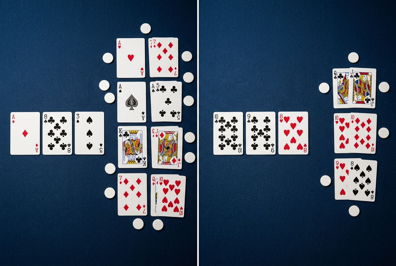 Simple educational poker diagram comparing dry board range advantage and wet board nut advantage