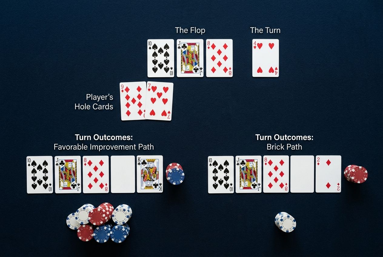 Simple educational poker diagram of draw aggression reacting to improve and brick turns