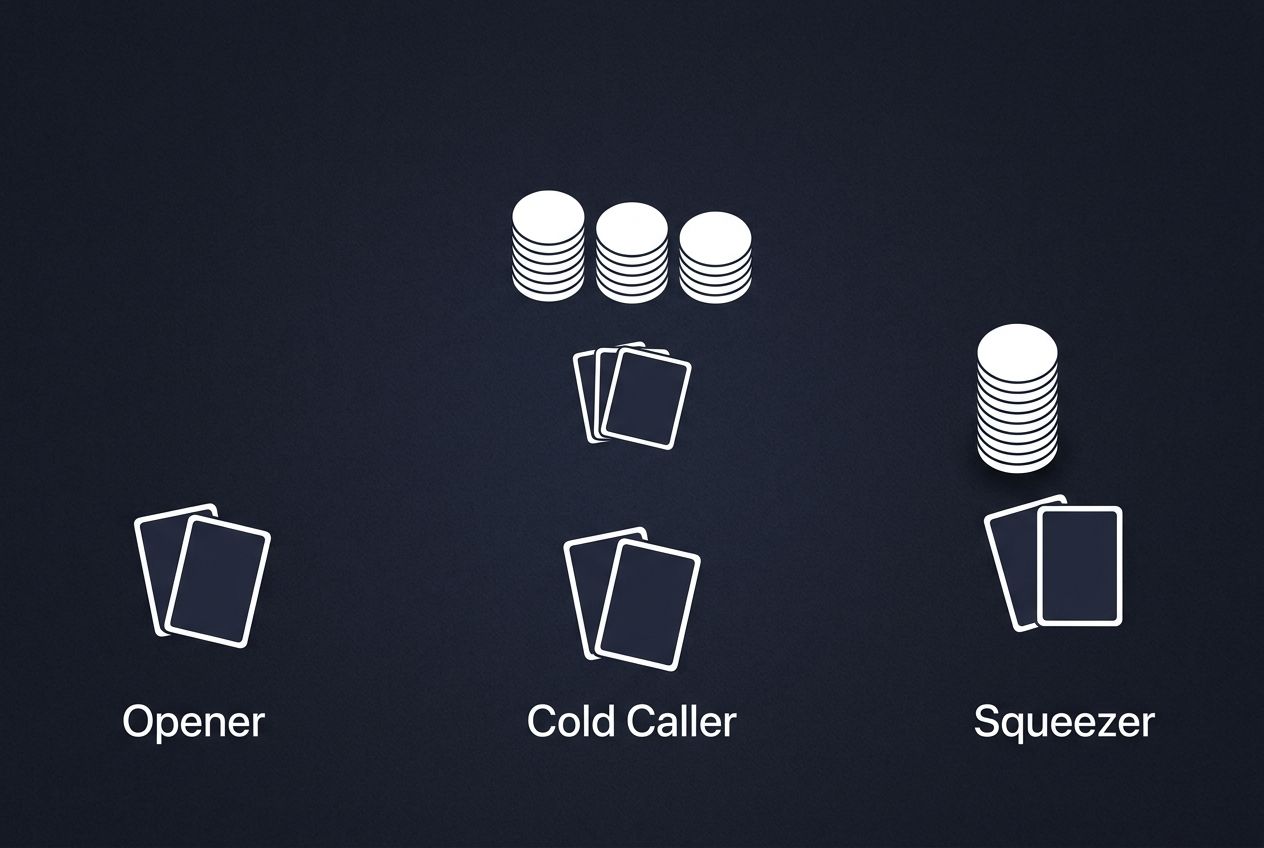 Simple educational poker diagram of a squeeze spot with opener, caller, and re-raiser