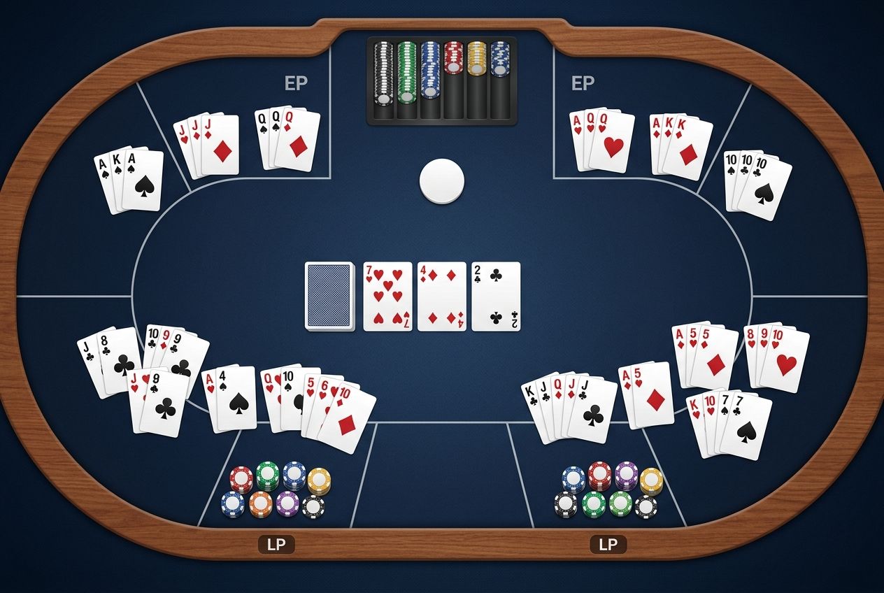 A clean educational illustration of six-max starting-hand selection on dark blue felt, with late-position seats visually wider and early-position seats tighter through chip and card groupings only, without text or labels.