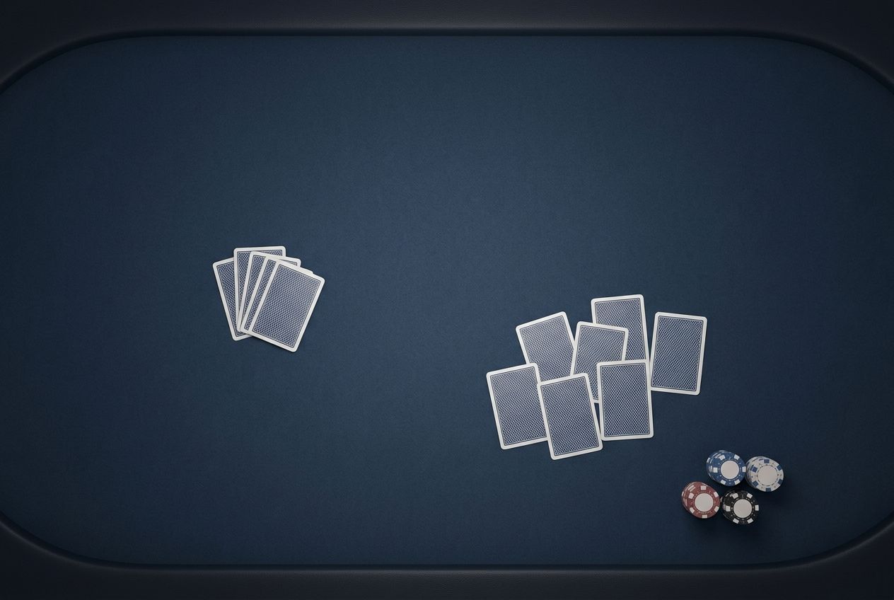 6-max 테이블에서 이른 포지션은 더 타이트하고 늦은 포지션은 더 넓게 열 수 있다는 감각이 칩과 카드 군집 차이로만 표현된 단순 학습용 일러스트.