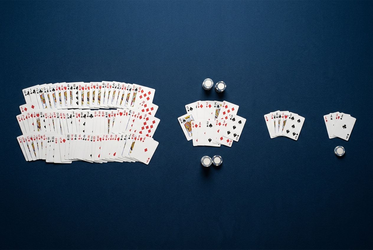 A clean educational illustration of a poker hand being filtered street by street on dark blue felt, using card groups and chip paths to imply how action removes some hands and keeps others, with no text or labels.