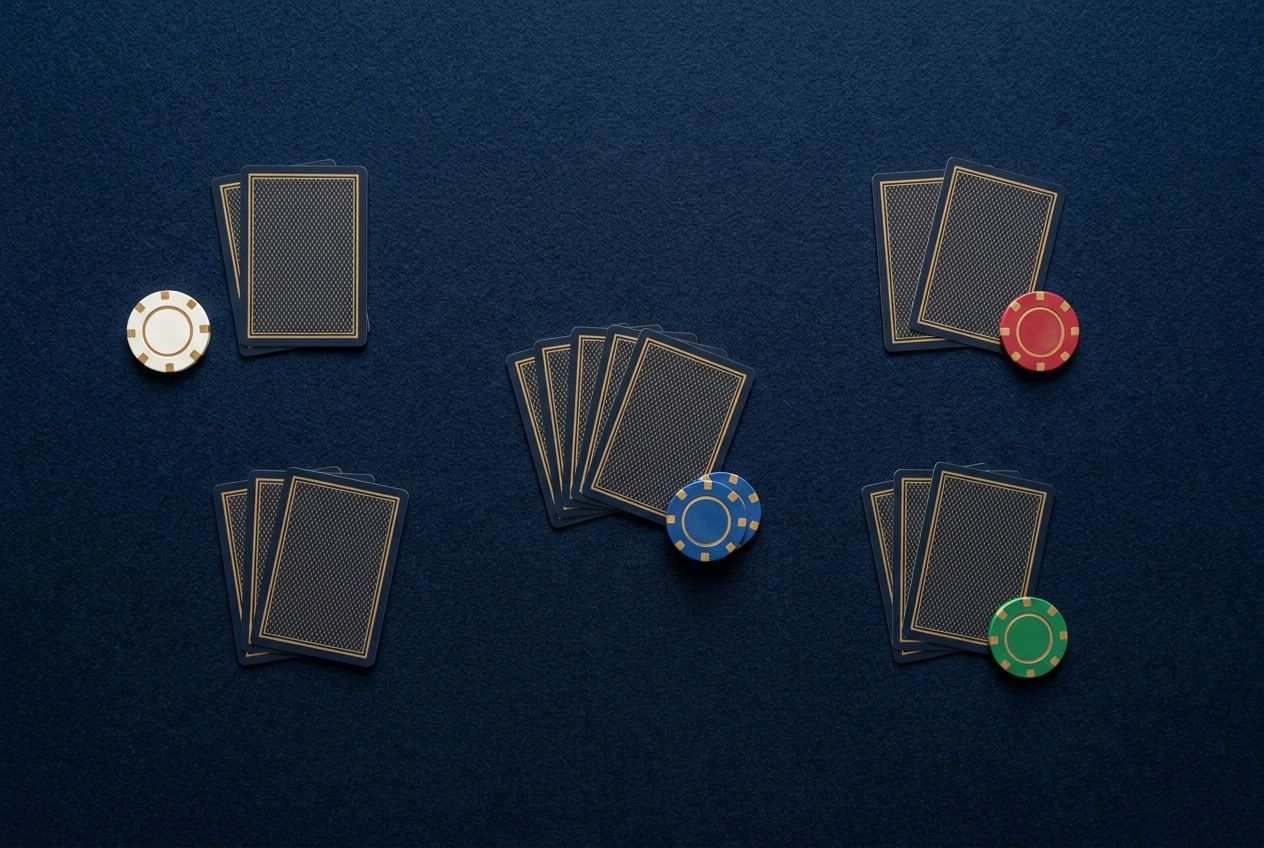 A simplified educational poker illustration showing grouped hand classes on a dark navy felt surface, with neat clusters of cards and chips suggesting a wider and narrower range without text or labels.