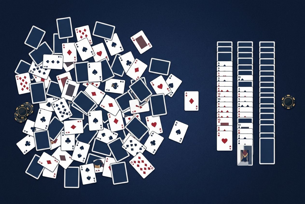 어두운 블루 펠트에서 프리플랍, 플랍, 턴 액션을 거치며 카드 후보군이 점점 걸러지는 느낌을 카드 묶음과 칩 경로만으로 표현한 단순 학습용 일러스트.
