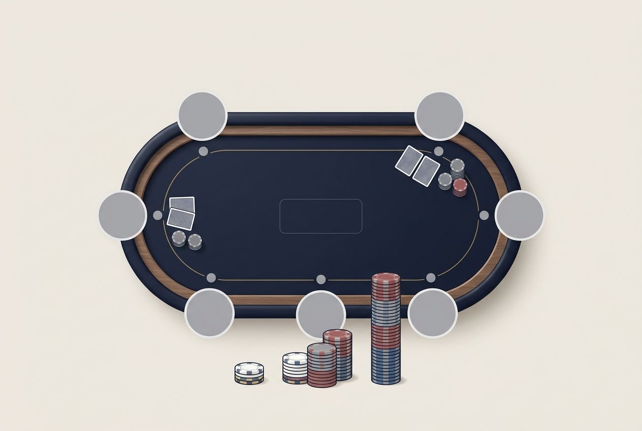 A simplified educational poker illustration for an English article about 3-bet responses. Use a top-down six-max table on dark navy felt with an open-raise chip stack, a larger 3-bet stack, and a separate 4-bet stack arranged in a clean left-to-right progression. Add readable cards near the opener and re-raiser positions, but keep the layout spacious and minimal. No text, no numbers, no arrows, no labels, no icons, no logos, and no watermarks. The visual style should feel like a premium study diagram with simple chip geometry and lots of negative space.