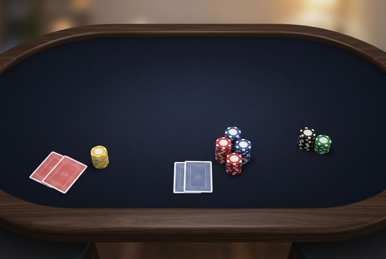 한국어 포커 학습 글용 단순한 3-bet 대응 일러스트. 어두운 네이비 펠트의 6인 테이블을 위에서 내려다본 구도이며, 왼쪽에서 오른쪽으로 오픈 레이즈 칩 더미, 더 큰 3-bet 칩 더미, 분리된 4-bet 칩 더미가 단계적으로 배치된다. 카드 두 묶음은 오프너와 리레이저 자리에 간결하게 놓여 있다. 이미지 안에는 문구, 숫자, 화살표, 아이콘, 로고, 워터마크가 전혀 없고, 여백이 넉넉한 프리미엄 학습 도해 스타일이어야 한다.