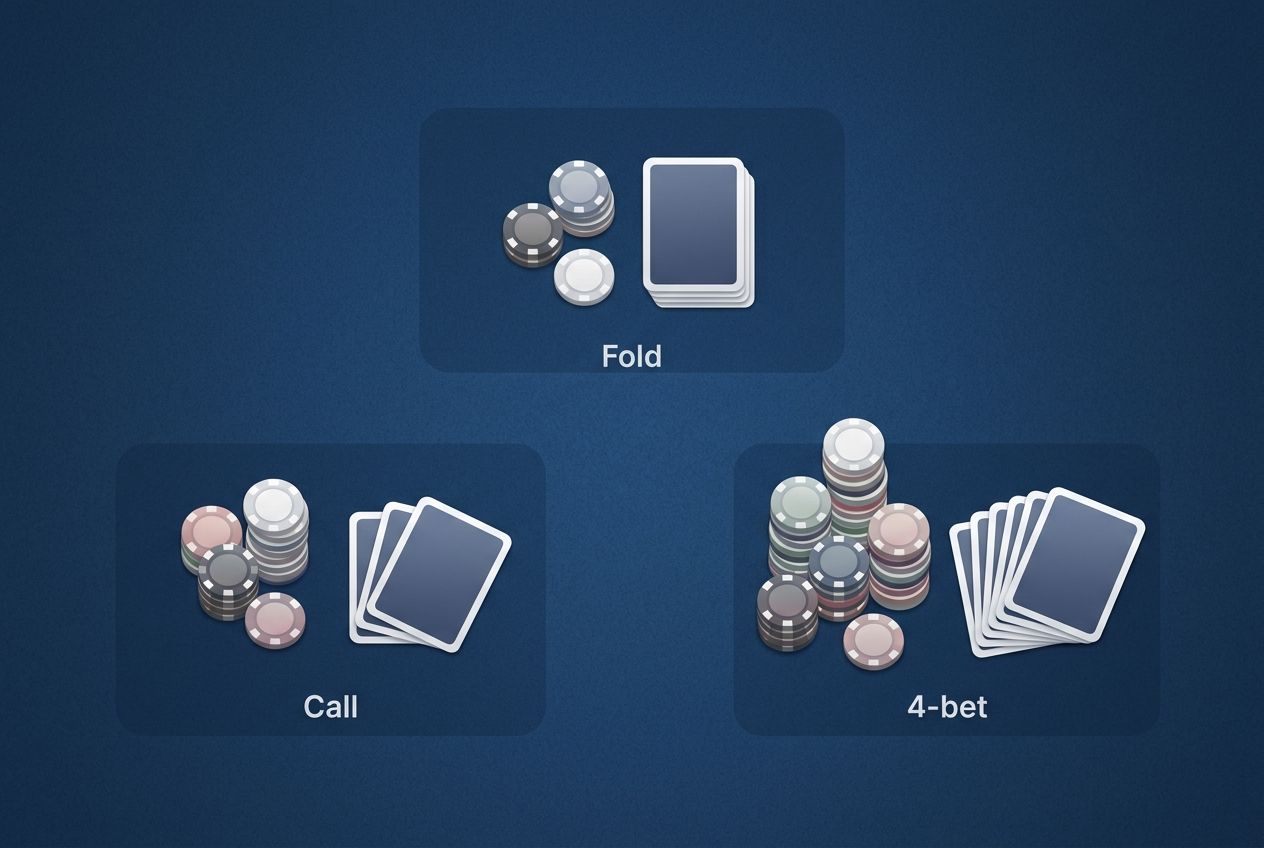 한국어 3-bet 대응 입문 글용 두 번째 단순 교육 일러스트. 짙은 블루 펠트 위를 위에서 내려다본 구도이며, 서로 떨어진 세 개의 응답 영역을 칩 더미와 카드 묶음으로만 암시한다. 각 영역은 fold, call, 4-bet의 서로 다른 선택지를 떠올리게 하지만 이미지 안에 어떤 문구나 숫자, 화살표, 체크 표시, 배지, 로고, 워터마크도 없어야 한다. 전반적으로 단순하고 여백 많은 학습 도해 스타일이어야 한다.