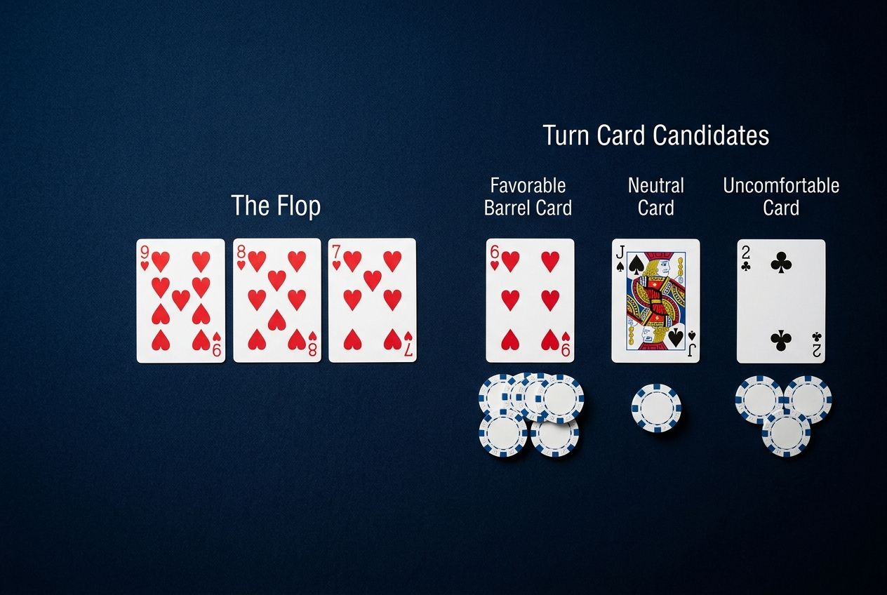Simple educational poker diagram of good, neutral, and bad turn cards on a wet board