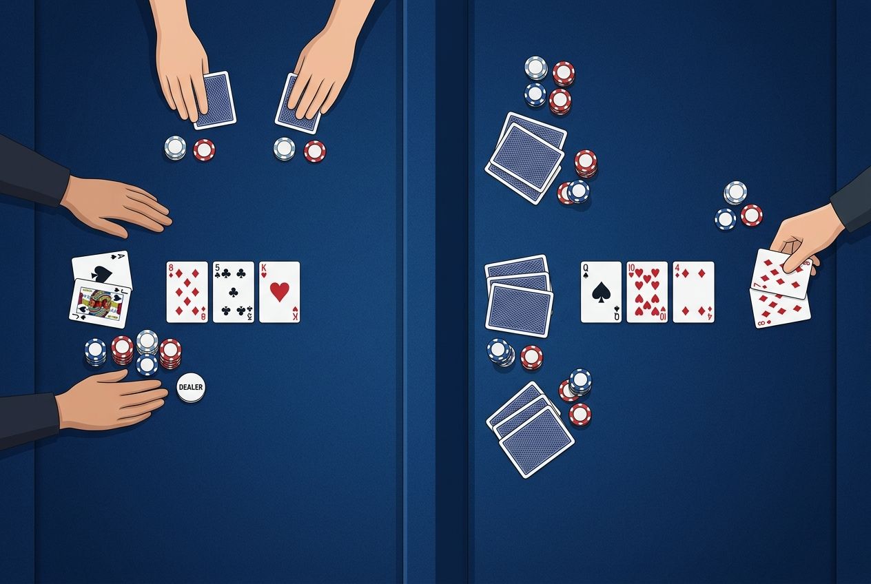 A clean English learning illustration comparing in-position and out-of-position play. Use a top-down dark blue felt table with two poker decision scenes side by side: one with the acting player clearly placed later in the order, one earlier. Use chip placement and spacing to imply easier versus harder decision flow, but use no text, arrows, labels, symbols, logos, or watermarks. Keep the image minimal, elegant, and instructional with generous empty space.
