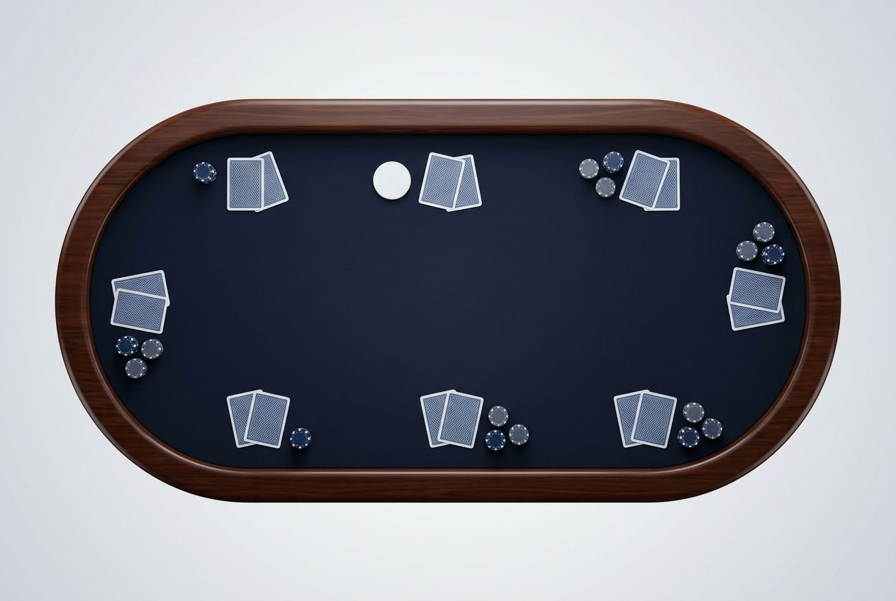 A simplified educational poker illustration for an English article about position. Use a top-down six-max table on dark navy felt with the dealer button clearly highlighted by placement only, not by text. Arrange the seats so the late-position area feels visually emphasized, with clean cards and chip stacks and lots of negative space. No text, no labels, no arrows, no icons, no watermarks, and no logos. The style should feel like a premium coaching diagram: simple, clean, calm, and easy to read.