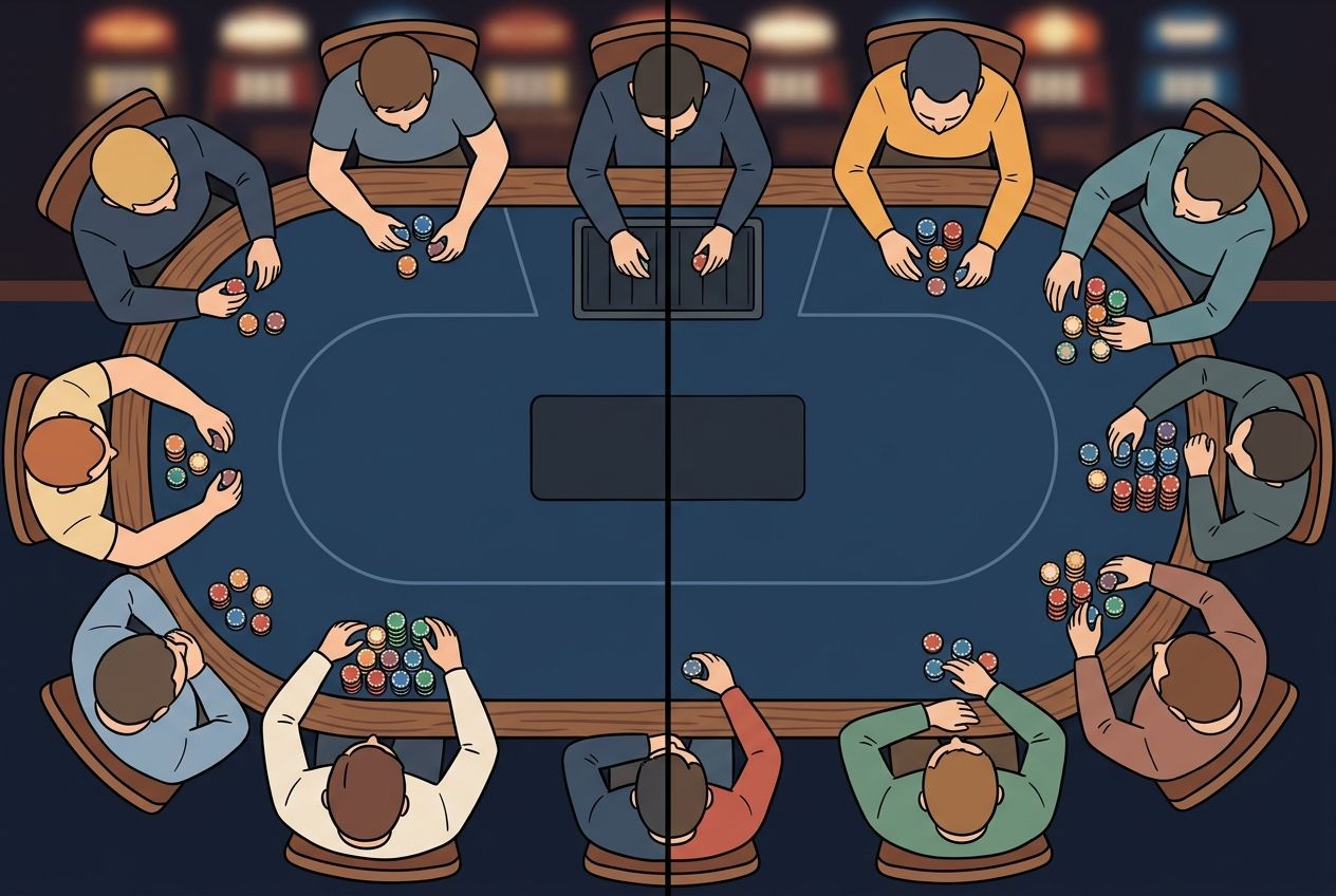 한국어 포커 포지션 입문 글용 두 번째 교육 일러스트. 짙은 블루 펠트 위를 위에서 내려다본 구도이며, 두 개의 의사결정 장면이 좌우로 나뉘어 배치된다. 한쪽은 나중에 행동하는 플레이어가 상대적으로 유리해 보이도록 칩과 카드가 정돈되어 있고, 다른 한쪽은 먼저 행동해야 하는 불편함이 느껴지도록 배치한다. 이미지 안에는 문구, 화살표, 숫자, 아이콘, 기호, 로고, 워터마크가 전혀 없어야 하며 전체 스타일은 단순하고 학습용이어야 한다.