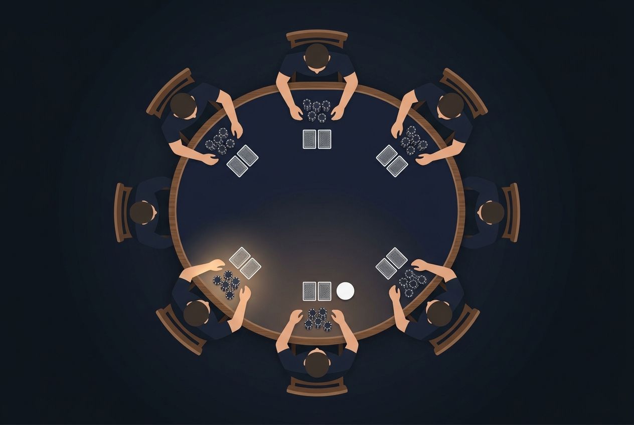 한국어 포커 포지션 글용 단순한 교육 일러스트. 어두운 네이비 펠트의 6인 테이블을 위에서 내려다본 구도이며, 딜러 버튼은 글자 없이 위치와 배치만으로 눈에 띄게 표현한다. 늦은 포지션 쪽이 시각적으로 약간 더 강조되며 카드와 칩은 최소한으로 정돈되어 있다. 이미지 안에는 문구, 화살표, 라벨, 아이콘, 로고, 워터마크가 전혀 없어야 하며, 프리미엄 학습 도해처럼 단순하고 여백이 넉넉해야 한다.